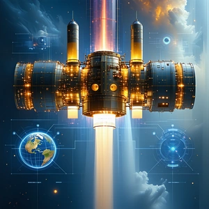 A Space Shuttle Is Shown In A Futuristic Image, With A Blue And Orange Color Scheme