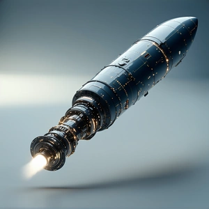 A Rocket Is Shown In A Close-up View, With Its Engine Lit Up