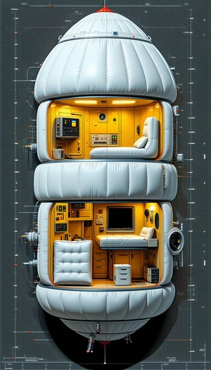 The Image Is A Futuristic, Space-themed Illustration Of A Room With A Bed, A Chair, And A Television