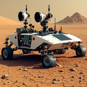 A White Robotic Vehicle With A Large Antenna On Top, Driving Across A Rocky Terrain
