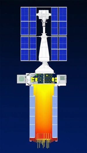 A Space Shuttle With A Large, Bright Orange Light On The Side