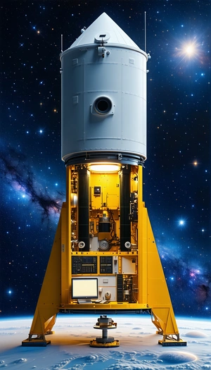 A Large, Yellow Spacecraft With A White Top, Sitting In The Middle Of A Starry Sky