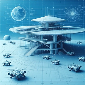 A Futuristic Building With A Large Dome On Top Is Surrounded By A Group Of Small Robots