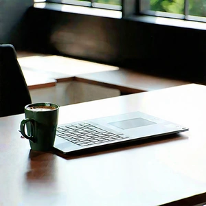 Business Octane Render: Workplace With Laptop And Coffee On Desk With Wooden Dining