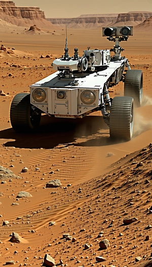 A White Robotic Vehicle Is Driving On A Dirt Road