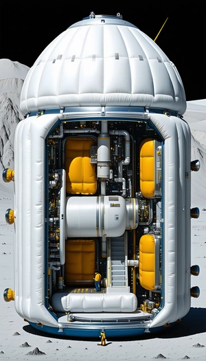 A Large White Structure With A Yellow And Blue Interior Is Shown