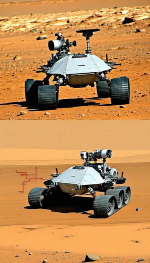 A Robotic Vehicle, Possibly A Rover, Driving Across A Sandy Terrain