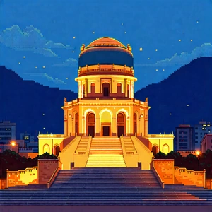 Urban Flat Design: Historic Monument With City Lights With Blue Yellow