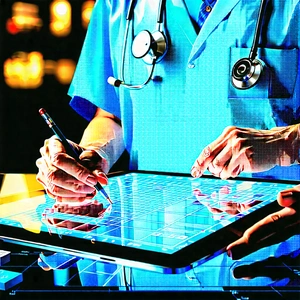 Business Blueprint Style: Healthcare professional using digital tablet