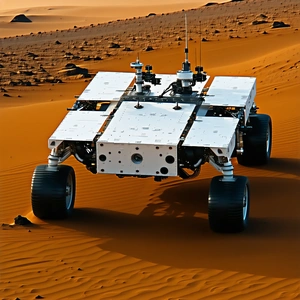 A White Robotic Vehicle, Possibly A Rover, Driving Across A Sandy Terrain
