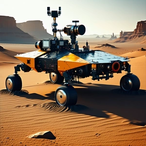 A Large, Futuristic Vehicle Is Parked In A Desert-like Environment