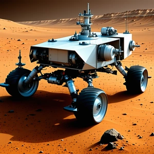A Futuristic Vehicle, Possibly A Rover Or A Spacecraft, Parked On A Red Dirt Surface
