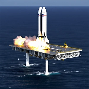 A Large Rocket Ship On A Platform In The Ocean