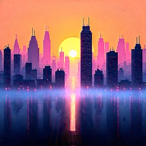 Urban Woodcut Print: Cityscape Of Downtown District During Sunset With Painting City