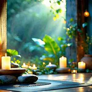 Lifestyle Oil Painting: Wellness Scene With Meditation Space With Serene Outdoor