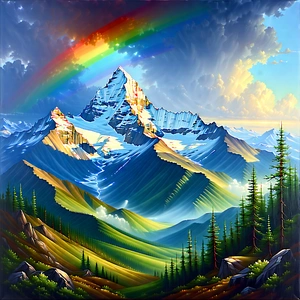 Nature Acrylic Painting: Rainbow Over Mountain Peak With Beautiful Mountain