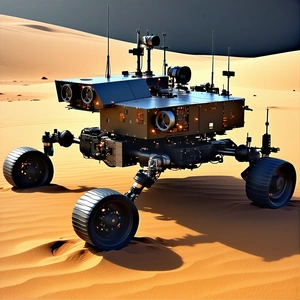 A Large Robotic Vehicle With A Humanoid Appearance, Standing On A Sandy Surface