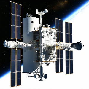 A Large White Spacecraft With A Blue Dome On Top, Floating In The Vastness Of Space