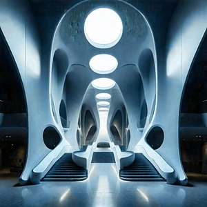 Tech Architectural Photography: (futuristic:1.25) Innovation Hub With Large, Modern