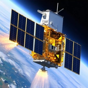 A Spacecraft With A Large Solar Panel On Its Side, Flying Through The Sky