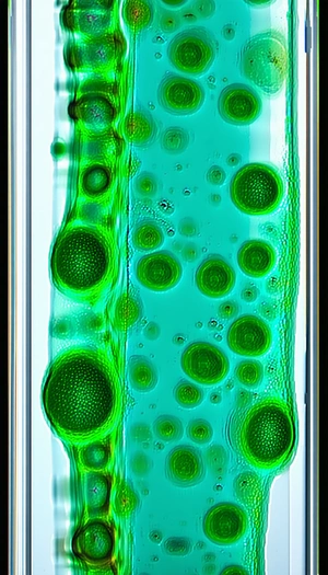 A Close-up Of A Green Substance, Possibly A Plant Or A Piece Of Algae, With A Blue Background