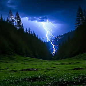 Nature Landscape Photography: Lightning Over Forest Clearing With Lightning Bolt