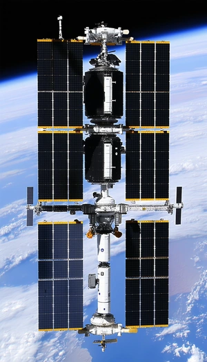 A Large Spacecraft With A Long, Black, And Yellow Tail