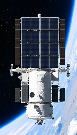 A Large Spacecraft With A White And Black Exterior, Floating In The Vastness Of Space