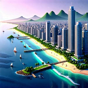 Urban Voxel Art: Cityscape of coastal (city:1.22) during midday