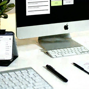 Business Advertising Photography: Workplace With Productivity Tools On Desk With Computer Monitor