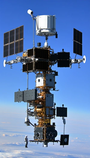 A Large Satellite Is Suspended In The Air, With A Smaller Satellite Attached To The Side Of It
