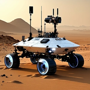A White Robotic Vehicle With Four Wheels, Sitting On A Sandy Surface