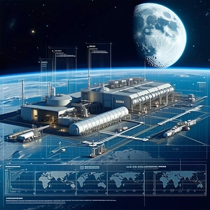A Large Industrial Building Is Shown In A Futuristic Design, With A Moon Visible In The Background
