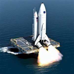 A Large White Rocket Ship Is Being Transported On A Barge In The Ocean