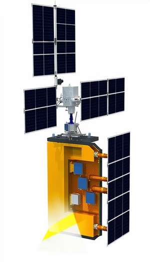 A Spacecraft Is Shown In A White Background, With A Large Satellite Dish On The Side
