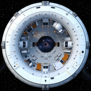 The Image Is A Computer-generated (cgi) Representation Of A Space Station, Showcasing Its Interior