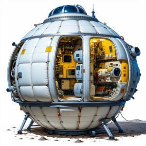 A Large, White, And Round Spacecraft With A Hatch Open