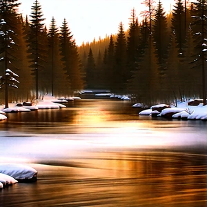Nature Blueprint Style: Rushing (river:1.31) Surrounded By (snow:1.29)-covered (trees:1.23) With Serene Scene