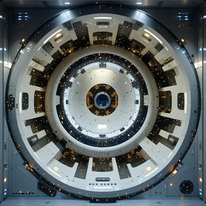 The Image Is A Close-up Of A Large, Round, White Structure With A Blue Center