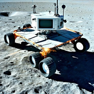 A Small Robotic Vehicle Is Sitting On A Rocky Surface, Possibly On The Moon