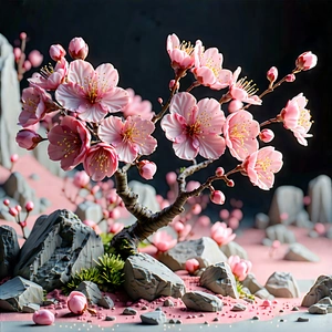Nature 3d Render: Cherry Blossoms In Rocky Terrain With Beautifully Crafted