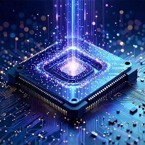 Tech Flat Design: Quantum computer with digital particles