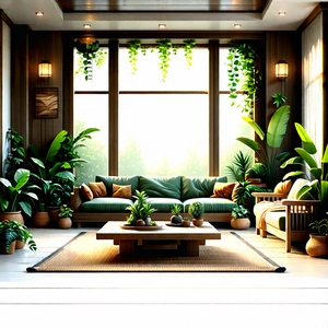Lifestyle Concept Art: Cozy Living Room With Plants And Natural Elements With Spacious Living