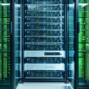Tech Commercial Photography: Server rack with holographic projection