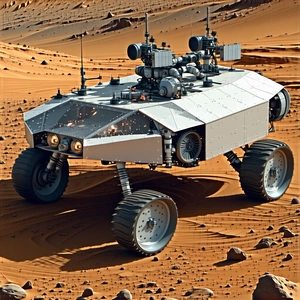 A Futuristic Vehicle Is Parked On A Rocky Surface, With A Dirt Ground And A Rocky Terrain
