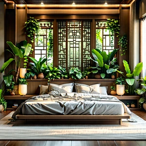 Lifestyle Product Photography: Bedroom Sanctuary With Plants And Natural Elements With Large Bedroom