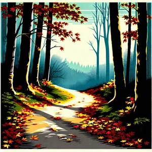 Nature Woodcut Print: Path Through Autumn Woodland With Black White