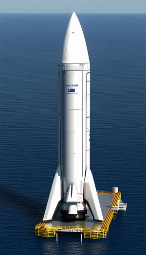 A White Rocket Ship Is Floating On The Water, With A Blue Sky In The Background