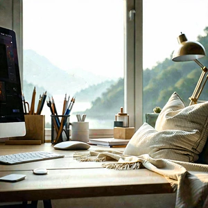 Lifestyle Landscape Photography: Home Office With Comfortable Textiles With Wooden Desk