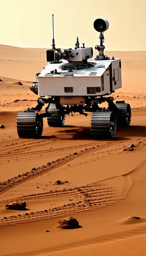 A White Robotic Vehicle Is Driving Across A Sandy Terrain